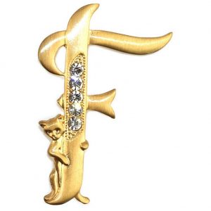 Brooch Initial 'f' Cat/stones Made With Pewter & Gold Plated by JOE COOL