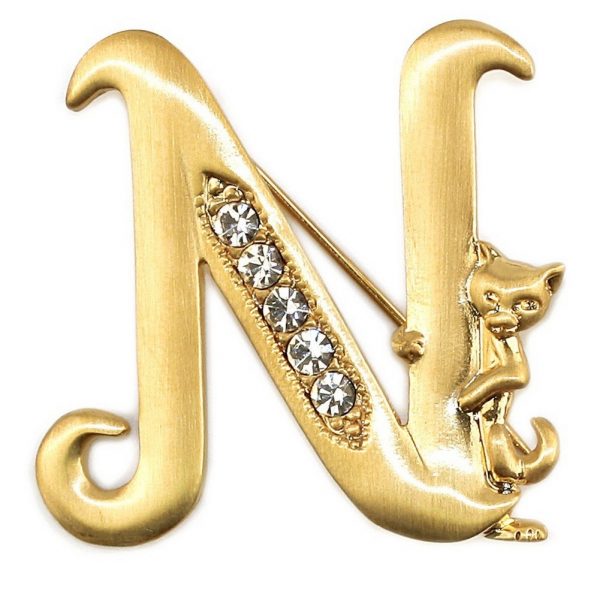 Brooch Initial 'n' Cat/stones Made With Pewter & Gold Plated by JOE COOL