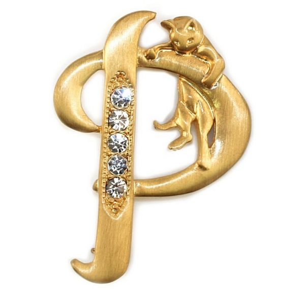Brooch Initial 'p' Cat/stones Made With Pewter & Gold Plated by JOE COOL