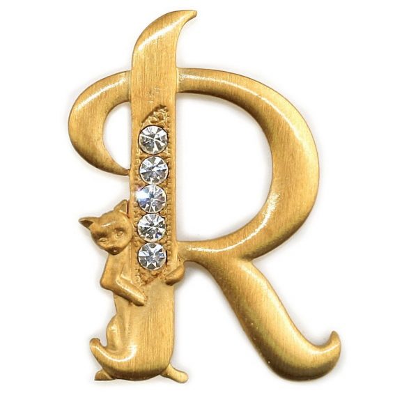 Brooch Initial 'r' Cat/stones Made With Pewter & Gold Plated by JOE COOL