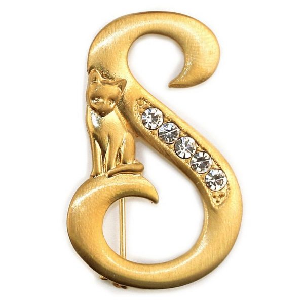 Brooch Initial 's' Cat/stones Made With Pewter & Gold Plated by JOE COOL