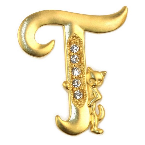 Brooch Initial 't' Cat/stones Made With Pewter & Gold Plated by JOE COOL