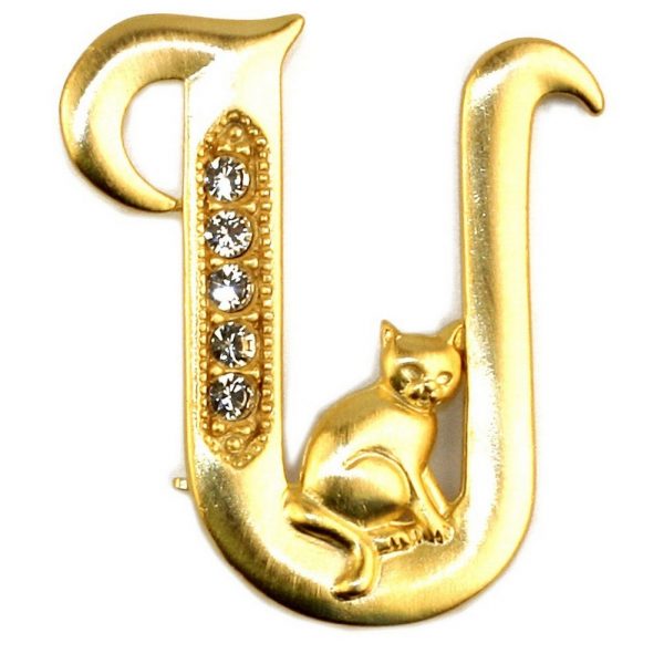 Brooch Initial 'u' Cat/stones Made With Pewter & Gold Plated by JOE COOL