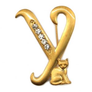 Brooch Initial 'y' Cat/stones Made With Pewter & Gold Plated by JOE COOL