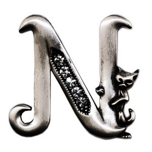Brooch Initial 'n' Cat/stones Made With Pewter by JOE COOL