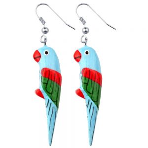Drop Earring Hand Carved & Painted Light Blue Parrot Made With Wood by JOE COOL