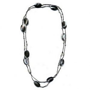 Necklace Black Oval Long 110cm Made With Mother Of Pearl & 925 Silver by JOE COOL