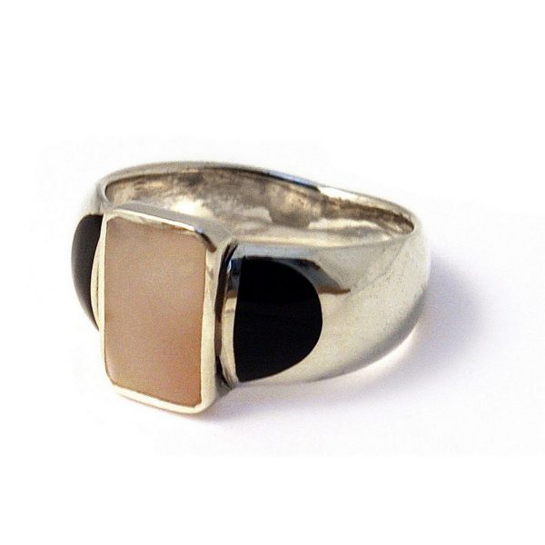 Ring Blk/w Rectangular Front Made With 925 Silver & Shell by JOE COOL