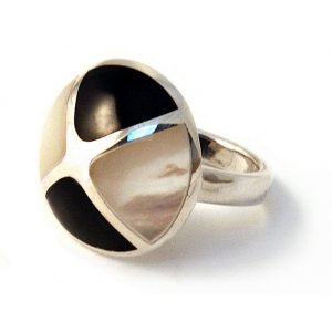 Ring Blk/w 4 Triangle Domed Front Made With 925 Silver & Shell by JOE COOL