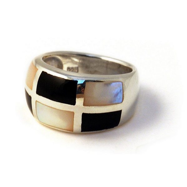 Ring Blk/w 6 Rectangle Made With 925 Silver & Shell by JOE COOL