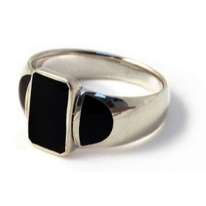 Ring Blk Rectangular Front Made With 925 Silver & Shell by JOE COOL