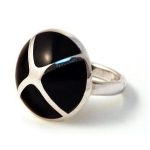 Ring Blk 4 Triangle Domed Front Made With 925 Silver & Shell by JOE COOL