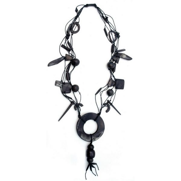 Necklace 5 Strand Black 90mm Cut Out Disc Made With Bone by JOE COOL