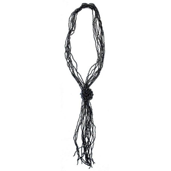 Long Necklace 10 Strand Flower Centre Blk104cm Made With Glass by JOE COOL