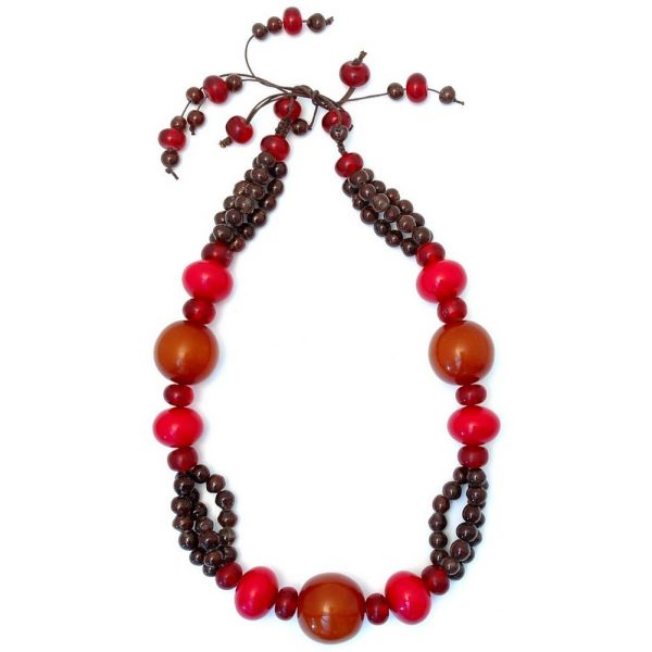 Long Necklace 3 Row 10mm Bead Red/brown 150cm Made With Glass & Resin by JOE COOL