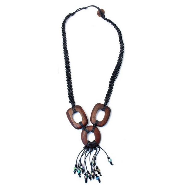 Necklace With A Pendant Blk 3 Ring Ab Tassel 60cm Made With Wood & Bead by JOE COOL