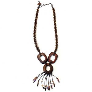 Necklace With A Pendant Gold 3 Ring Ab Tassel 60cm Made With Wood & Bead by JOE COOL