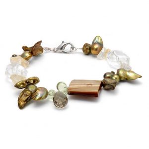 Bracelet Clear & Green With Gold Squares Made With Stone & Shell by JOE COOL