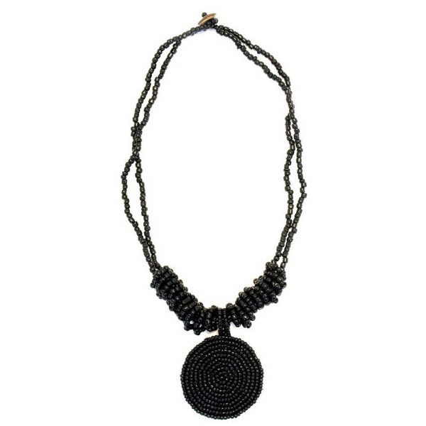 Necklace Pendant Disc Black 46 Cm 50 Mm Made With Glass & Bead by JOE COOL