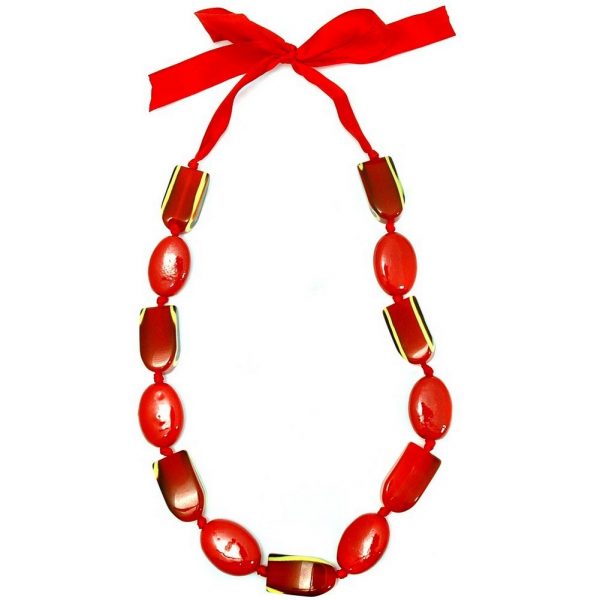 Bead String Necklace Red Art Bead On Ribbon 100cm Made With Ceramic & Resin by JOE COOL