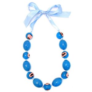 Long Necklace Blue Art Bead On Ribbon 100cm Made With Ceramic & Resin by JOE COOL