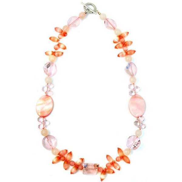 Necklace 45cm Rose & Crystal Cateye Rice Made With Quartz Crystal & Mother Of Pearl by JOE COOL