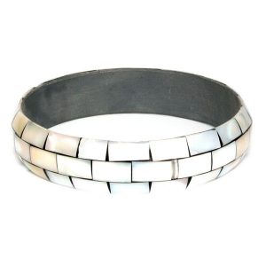 Bangle White 3 Row Rectangle Inlay 18mm Made With Shell by JOE COOL