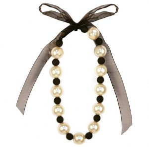 Necklace Rubbersied 38+100cm Black Ribbon Made With Resin & Pearl by JOE COOL