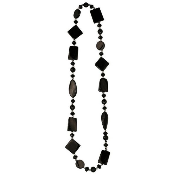 Bead String Necklace Black On Black Made With Agate & Crystal Glass by JOE COOL