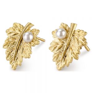 Stud Earring Leaf With Pearl Drop Made With Tin Alloy by JOE COOL