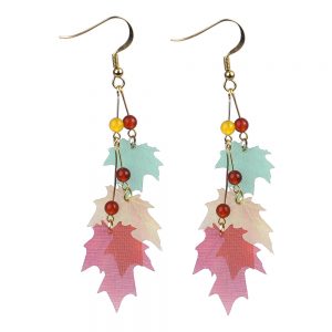 Drop Earring Falling Japenses Leaves Made With Organza & Gem Stone by JOE COOL
