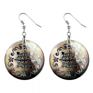 Drop Earring Etched Floral Filigree Flower Made With Mother Of Pearl by JOE COOL