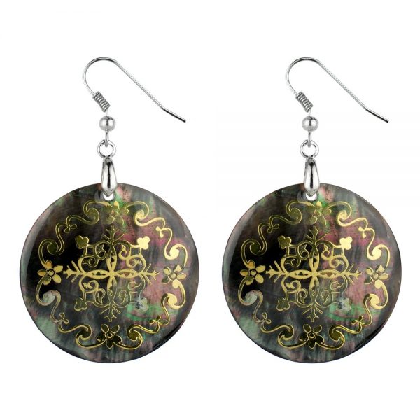 Drop Earring Etched Floral Filigree Swirl Made With Mother Of Pearl by JOE COOL