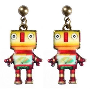 Stud & Drop Earring Robot Made With Tin Alloy & Enamel by JOE COOL