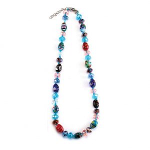 Bead String Necklace Oval Stones And Faceted Beads Made With Millefiori Glass by JOE COOL