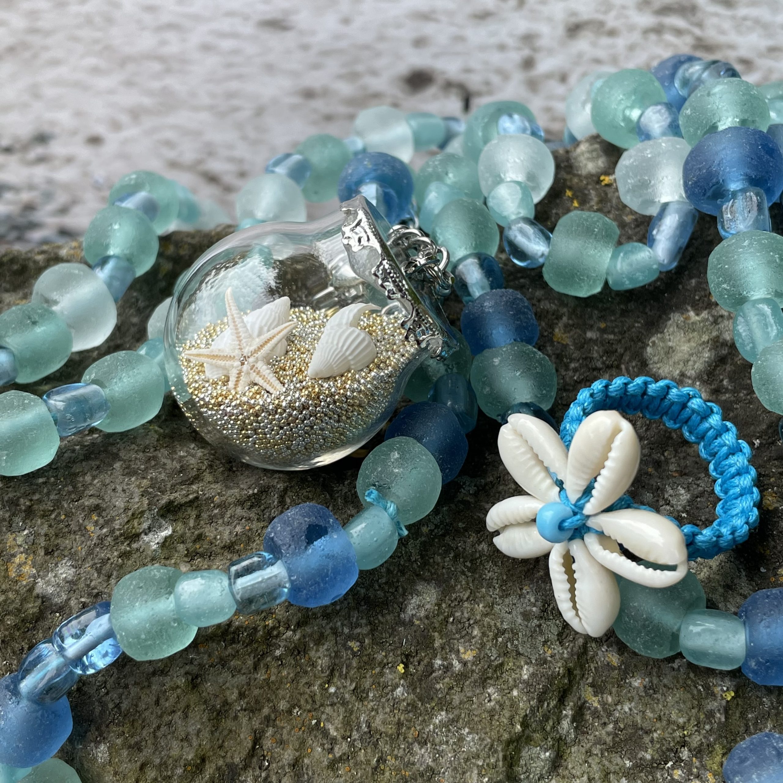 scottish seaside jewellery beach found glass bangle Blue Beaded seaglass bracelet