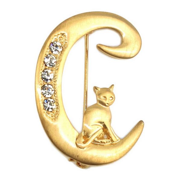 Brooch Gold Plated Initial 'c' With A Climbing Cat Made With Pewter & Crystal Glass by JOE COOL