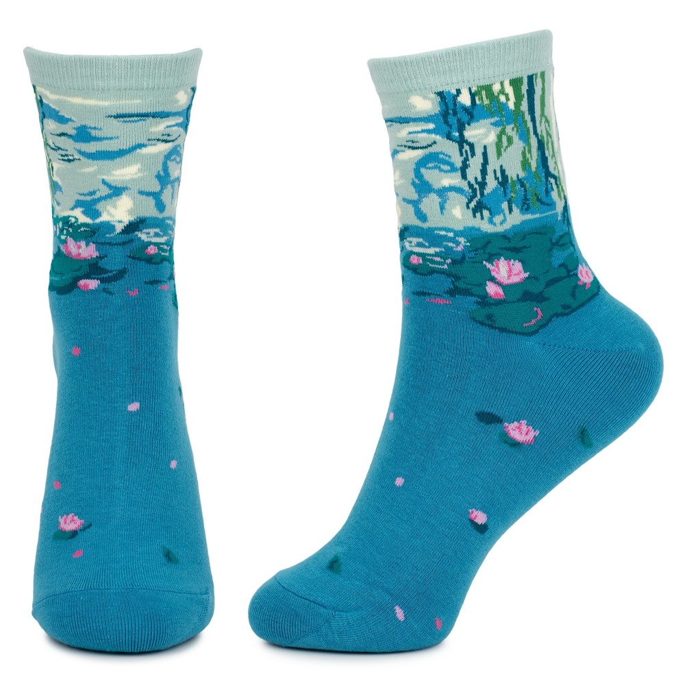 Socks cotton & spandex Monet Water Lilies aqua blue - Image 2