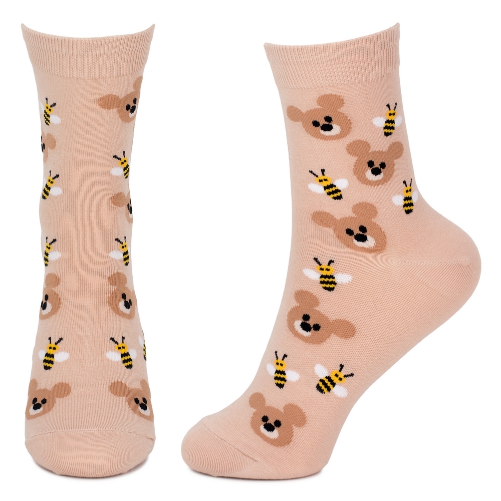 Socks cotton & spandex bear and bees light brown - Image 2