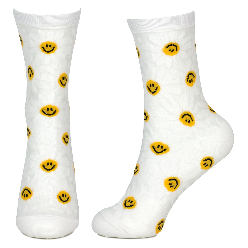 Socks cotton & spandex sheer smiley daisy white - Image 2
